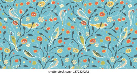 Vintage apple tree and bird on light blue dotted background. Seamless vector pattern. Perfect for fabric, wallpaper, giftwrap or postcard design