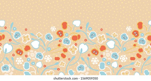 Vintage apple tree and blosom on light cream color dotted background. Seamless vector border. Perfect for fabric, wallpaper, giftwrap or postcard design