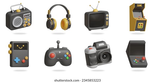 vintage appliances 3D vector icon set
radio,headphones,television,arcade game,gamepad, joystick, and film camera