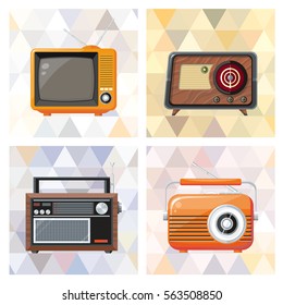 Vintage appliances set on abstract geometric background. Vector illustration.