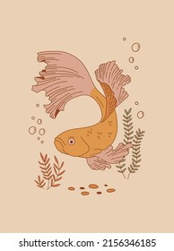 Vintage aquarium fish vector illustration. Oriental poster design. Underwater animal retro print.