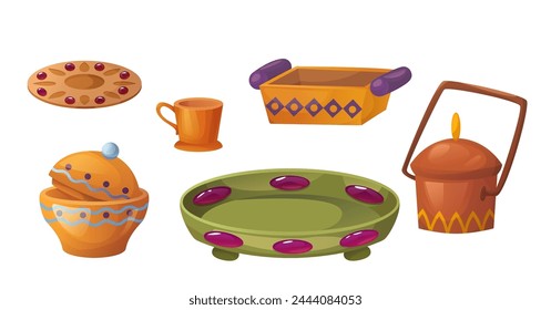 Vintage arab utensils set isolated on white background. Vector cartoon illustration of traditional clay cup, plate, tray decorated with oriental ornament, restaurant or home kitchen design elements