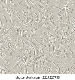 Vintage arabesque floral 3d seamless pattern. Textured emboss beige vector background. Repeat ornamental lacy mandalas backdrop. Surface beautiful embossed ornaments. Modern grunge design. Texture.