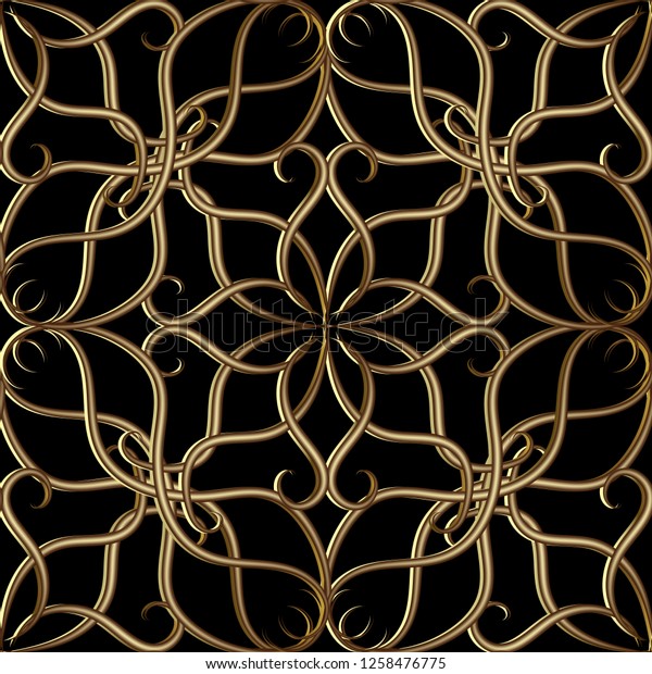 Vintage arabesque style gold 3d line art tracery seamless pattern. Vector ornamental Damask background. Rrepeat rich backdrop. Surface ornate design. Elegance floral hand drawn textured ornament.