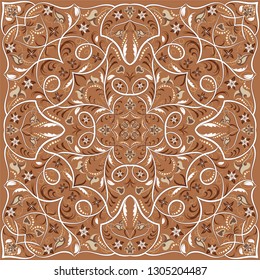 Vintage Arabic pattern. Persian colored carpet. Rich ornament for fabric design, handmade, interior decoration, textiles. Light brown background.