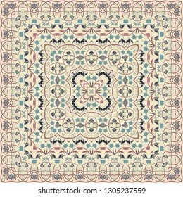 Vintage Arabic pattern. Persian colored carpet. Rich ornament for fabric design, handmade, interior decoration, textiles. Light background.