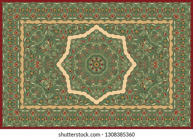 Vintage Arabic pattern. Persian colored carpet. Rich ornament for fabric design, handmade, interior decoration, textiles. Green background.