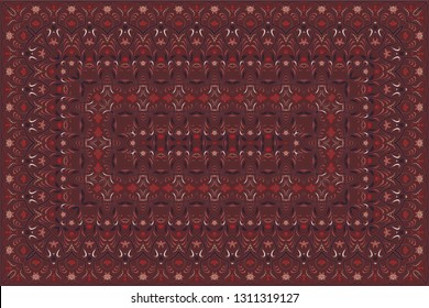 Vintage Arabic pattern. Persian colored carpet. Rich ornament for fabric design, handmade, interior decoration, textiles. Red background.