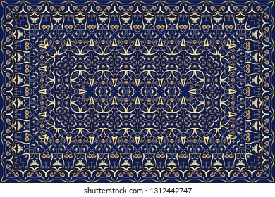 Vintage Arabic pattern. Persian colored carpet. Rich ornament for fabric design, handmade, interior decoration, textiles. Blue background.