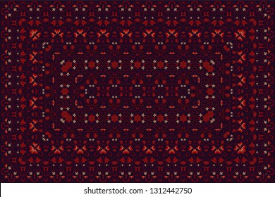 Vintage Arabic pattern. Persian colored carpet. Rich ornament for fabric design, handmade, interior decoration, textiles. Red background.
