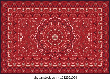 Vintage Arabic pattern. Persian colored carpet. Rich ornament for fabric design, handmade, interior decoration, textiles. Red background.