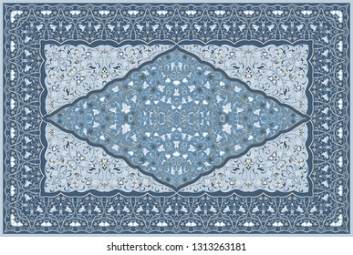 Vintage Arabic pattern. Persian colored carpet. Rich ornament for fabric design, handmade, interior decoration, textiles. Blue background.
