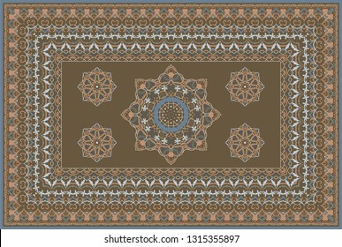 Vintage Arabic pattern. Persian colored carpet. Rich ornament for fabric design, handmade, interior decoration, textiles. Brown background.