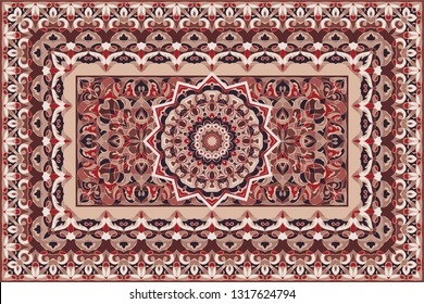 Vintage Arabic pattern. Persian colored carpet. Rich ornament for fabric design, handmade, interior decoration, textiles. Red background.