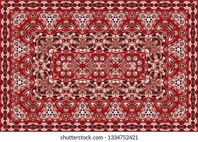 Vintage Arabic pattern. Persian colored carpet. Rich ornament for fabric design, handmade, interior decoration, textiles. Red background.