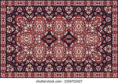 Vintage Arabic pattern. Persian colored carpet. Rich ornament for fabric design, handmade, interior decoration, textiles. Red background.