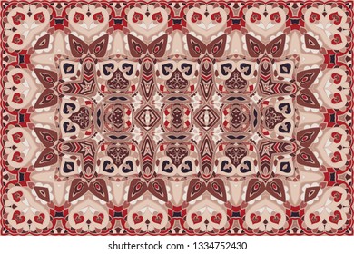 Vintage Arabic pattern. Persian colored carpet. Rich ornament for fabric design, handmade, interior decoration, textiles. Red background.