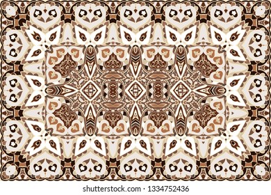 Vintage Arabic pattern. Persian colored carpet. Rich ornament for fabric design, handmade, interior decoration, textiles. Brown background.