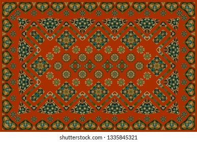 Vintage Arabic pattern. Persian colored carpet. Rich ornament for fabric design, handmade, interior decoration, textiles. Red background.