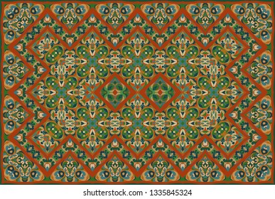 Vintage Arabic pattern. Persian colored carpet. Rich ornament for fabric design, handmade, interior decoration, textiles. Red background.