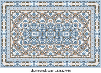 Vintage Arabic pattern. Persian colored carpet. Rich ornament for fabric design, handmade, interior decoration, textiles. Blue background.