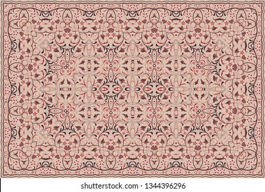 Vintage Arabic pattern. Persian colored carpet. Rich ornament for fabric design, handmade, interior decoration, textiles. Red background.