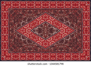 Vintage Arabic pattern. Persian colored carpet. Rich ornament for fabric design, handmade, interior decoration, textiles. Red background.