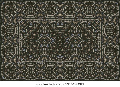 Vintage Arabic pattern. Persian colored carpet. Rich ornament for fabric design, handmade, interior decoration, textiles. Brown background.