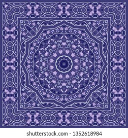 Vintage Arabic pattern. Persian colored carpet. Rich ornament for fabric design, handmade, interior decoration, textiles. Blue background.