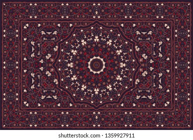 Vintage Arabic pattern. Persian colored carpet. Rich ornament for fabric design, handmade, interior decoration, textiles. Red background.
