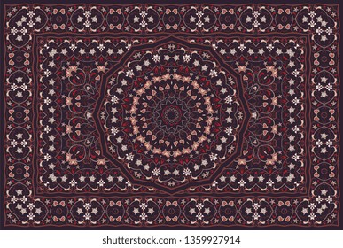 Vintage Arabic pattern. Persian colored carpet. Rich ornament for fabric design, handmade, interior decoration, textiles. Red background.