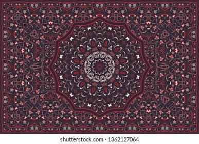 Vintage Arabic pattern. Persian colored carpet. Rich ornament for fabric design, handmade, interior decoration, textiles. Red background.