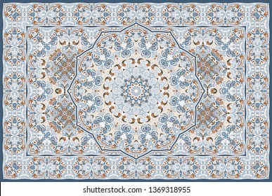 Vintage Arabic pattern. Persian colored carpet. Rich ornament for fabric design, handmade, interior decoration, textiles. Blue background.