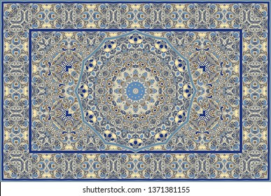 Vintage Arabic pattern. Persian colored carpet. Rich ornament for fabric design, handmade, interior decoration, textiles. Blue background.
