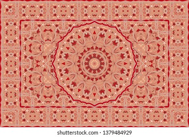Vintage Arabic pattern. Persian colored carpet. Rich ornament for fabric design, handmade, interior decoration, textiles. Red background.