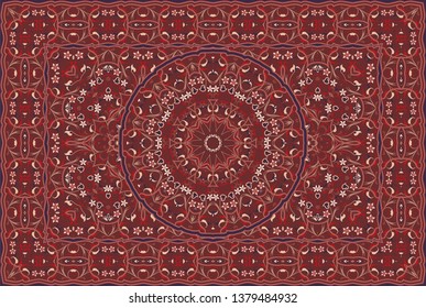 Vintage Arabic pattern. Persian colored carpet. Rich ornament for fabric design, handmade, interior decoration, textiles. Red background.