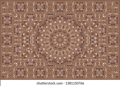 Vintage Arabic pattern. Persian colored carpet. Rich ornament for fabric design, handmade, interior decoration, textiles. Brown background.