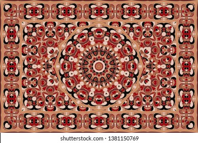 Vintage Arabic pattern. Persian colored carpet. Rich ornament for fabric design, handmade, interior decoration, textiles. Red background.