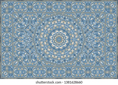 Vintage Arabic pattern. Persian colored carpet. Rich ornament for fabric design, handmade, interior decoration, textiles. Blue background.