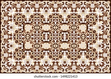 Vintage Arabic pattern. Persian colored carpet. Rich ornament for fabric design, handmade, interior decoration, textiles. Brown background.