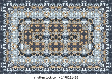 Vintage Arabic pattern. Persian colored carpet. Rich ornament for fabric design, handmade, interior decoration, textiles. Blue background.