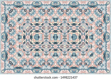 Vintage Arabic pattern. Persian colored carpet. Rich ornament for fabric design, handmade, interior decoration, textiles. Blue background.