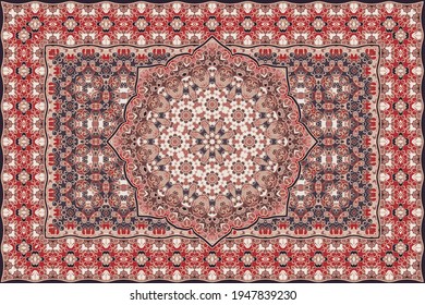 Vintage Arabic pattern. Persian colored carpet. Rich ornament for fabric design, handmade, interior decoration, textiles. Red background.