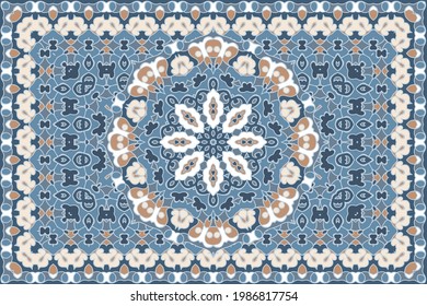 arabisches Vintage-Muster. Persischer Teppich. Reiche Ornamente für Stoffdesign, handgefertigt, Innendekoration, Textilien. Blauer Hintergrund.