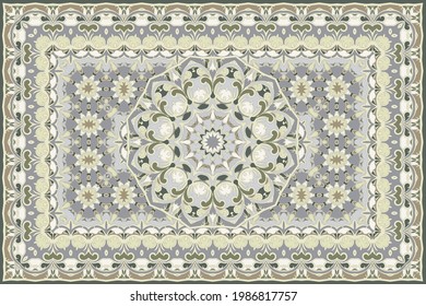 Vintage Arabic pattern. Persian colored carpet. Rich ornament for fabric design, handmade, interior decoration, textiles. Green background.