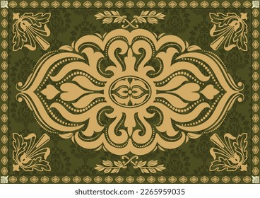 Vintage Arabic pattern. Persian colored carpet. Rich ornament for fabric design, handmade, interior decoration, textiles. dark green and golden background.