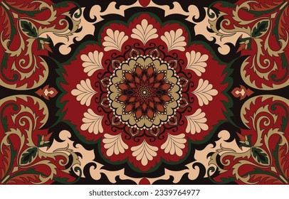Patrón árabe vintage. Alfombra de color persa. Ricos adornos para el diseño de tejidos, hechos a mano, decoración interior, textiles. Fondo rojo.