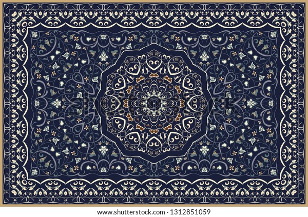 Vintage Arabic pattern. Persian colored\
carpet. Rich ornament for fabric design, handmade, interior\
decoration, textiles. Blue\
background.