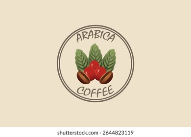 Vintage arabica coffee emblem with beans and green leaves in circular badge.