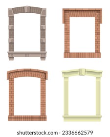 Vintage-Arkade des Mauerwerks. Wand und Fassade des alten Ziegelsteins. Vektorgrafik-Set